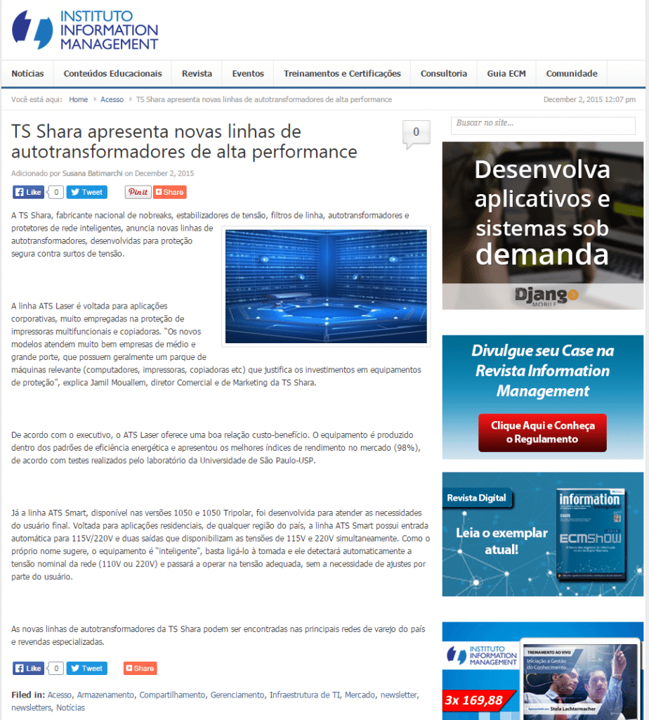 Noticia: TS Shara apresenta novas linhas de autotransformadores de alta performance - Portal Information Management - 02/12/2015