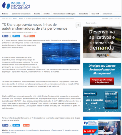 Noticia: TS Shara apresenta novas linhas de autotransformadores de alta performance - Portal Information Management - 02/12/2015