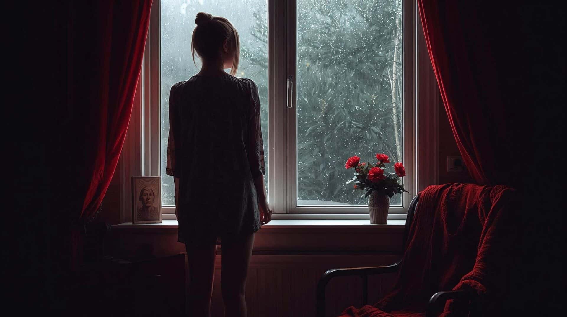 Mulher dentro de casa observando pela janela a chuva de verão