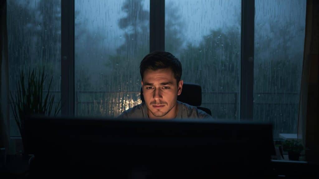Homem trabalhando em home office e atras uma janela mostrando a chuva forte