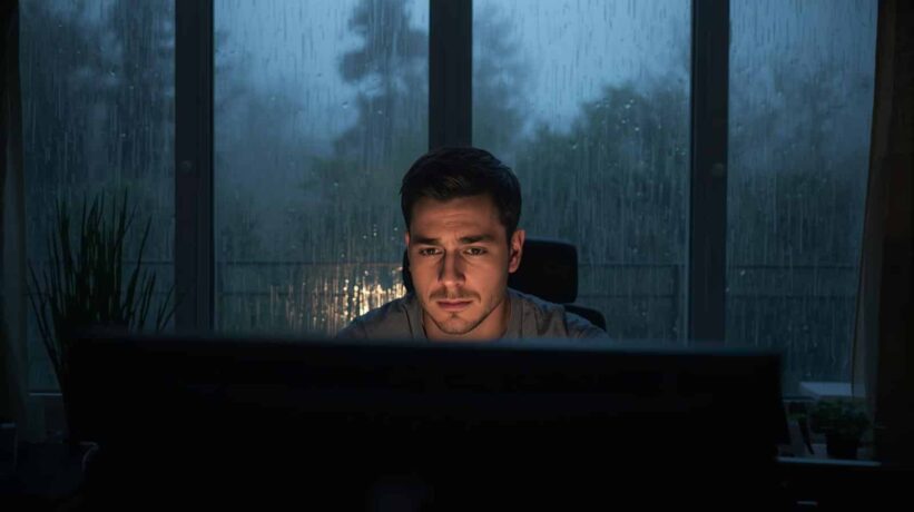 Homem trabalhando em home office e atras uma janela mostrando a chuva forte