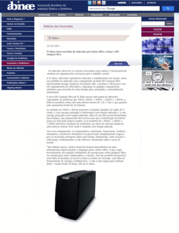 uma página web da ABINEE (Associação Brasileira da Indústria Elétrica e Eletrônica). O layout principal da página é branco e cinza, com menus laterais em tons de azul e roxo escuro.
