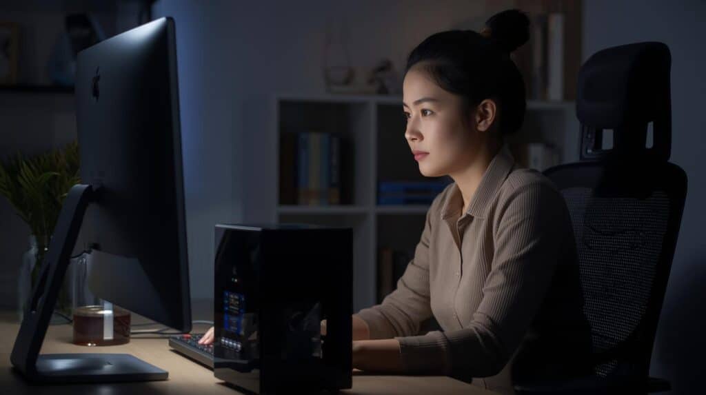 Mulher concentrada trabalhando em um computador desktop em um escritório doméstico escuro, com um nobreak preto brilhante visível ao lado do monitor.