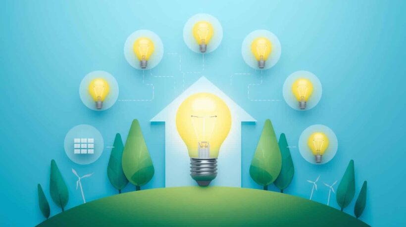 Uma composição digital minimalista em tons de azul e verde sobre um fundo azul claro. No centro, uma silhueta de casa branca abriga uma lâmpada incandescente acesa e amarela, simbolizando energia doméstica.