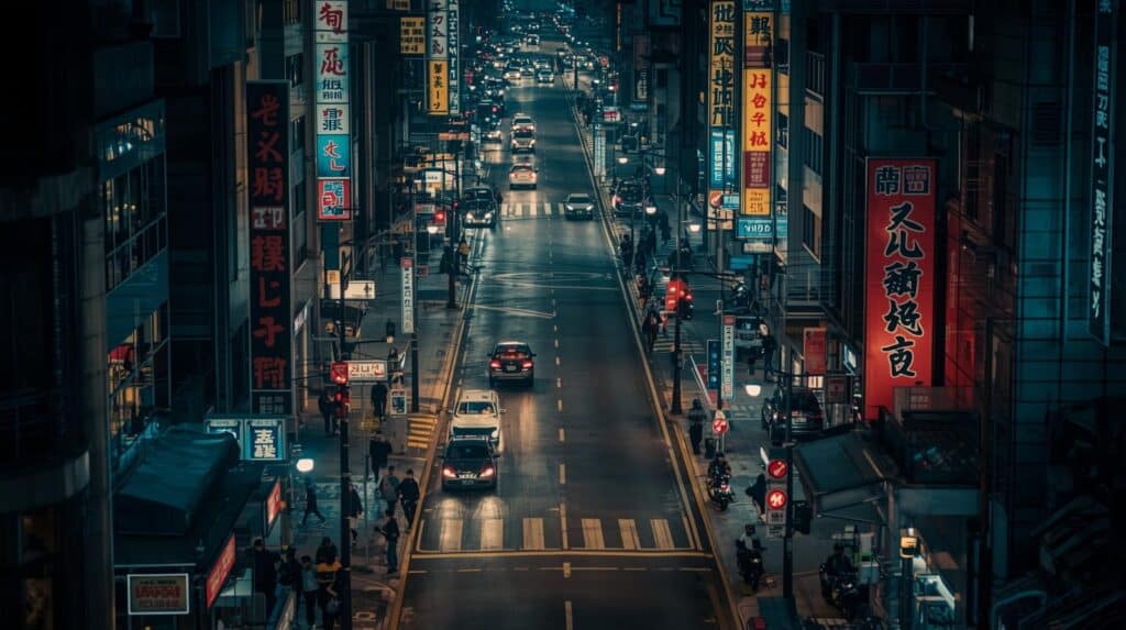 Uma vista aérea noturna de uma avenida movimentada em uma metrópole asiática, ladeada por edifícios com grandes letreiros luminosos em caracteres orientais. Carros com faróis acesos cruzam a via, enquanto pedestres caminham pelas calçadas.