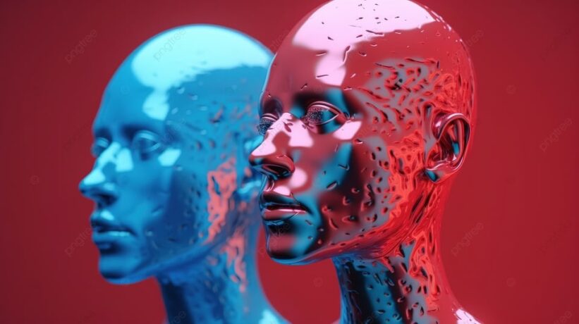 imagem de IA de duas cabeças manequim, uma azul, outra vermelha