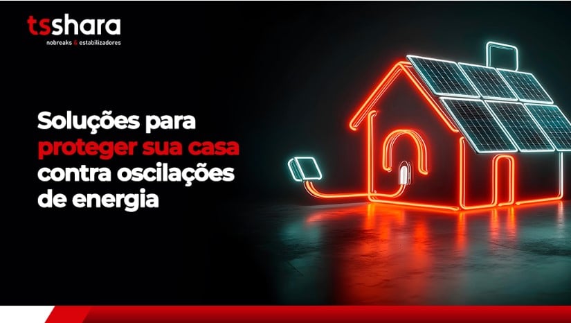 Casa iluminada em neon com painéis solares representando proteção de energia.