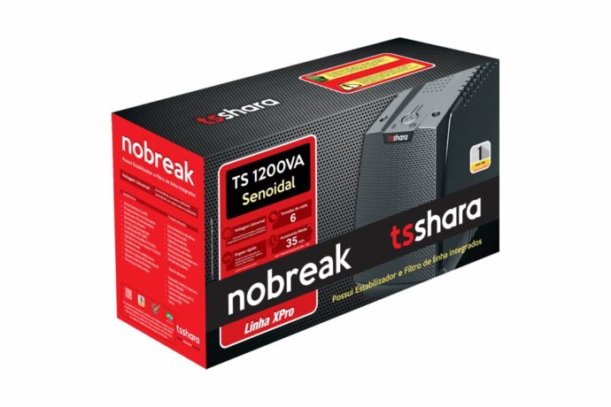 a embalagem do nobreak da ts shara, nas cores vermelho e preto