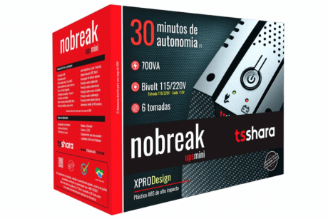 foto da embalagem do nobreak mini 700va da ts shara, ela é nas cores vermelha e preta