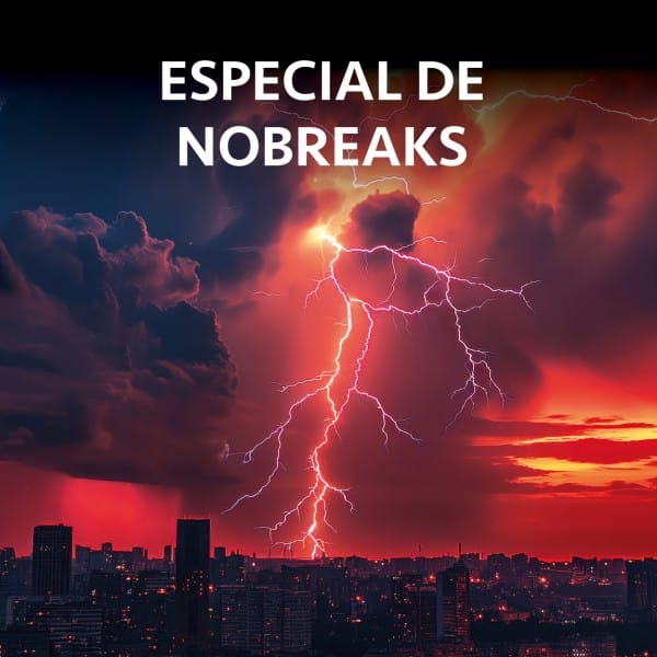 Relâmpago ilumina o céu avermelhado sobre uma cidade ao entardecer, com o texto “Especial de Nobreaks” em destaque na parte superior.
