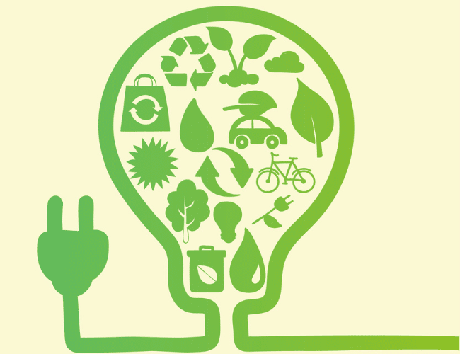 Ilustração em tons de verde de uma lâmpada em forma de bulbo conectada a uma tomada, contendo ícones de sustentabilidade