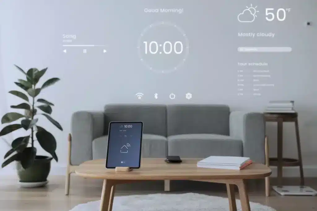 uma sala de estar com um sofá cinza, um vaso a esquerda com uma planta, uma mesa redonda amadeirada e um tablet em cima da mesa