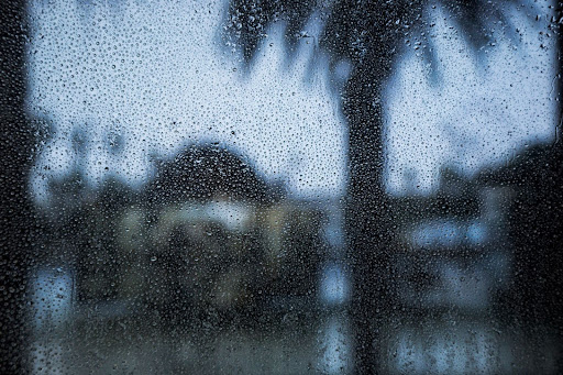 Vidro com gotas de chuva em foco, revelando ao fundo uma paisagem borrada com árvores e céu nublado.