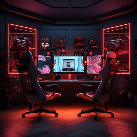 Esta imagem apresenta uma configuração de desktop minimalista, dominada por uma iluminação de fundo LED vermelha intensa, sobre uma mesa de madeira escura. O monitor de tela plana (com a tela preta) está centralizado, irradiando a luz vermelha. Na mesa, há um mousepad longo, um mouse e uma caneca escura à direita. À esquerda do monitor, há uma caixa de som ou uma torre de PC de formato retangular.