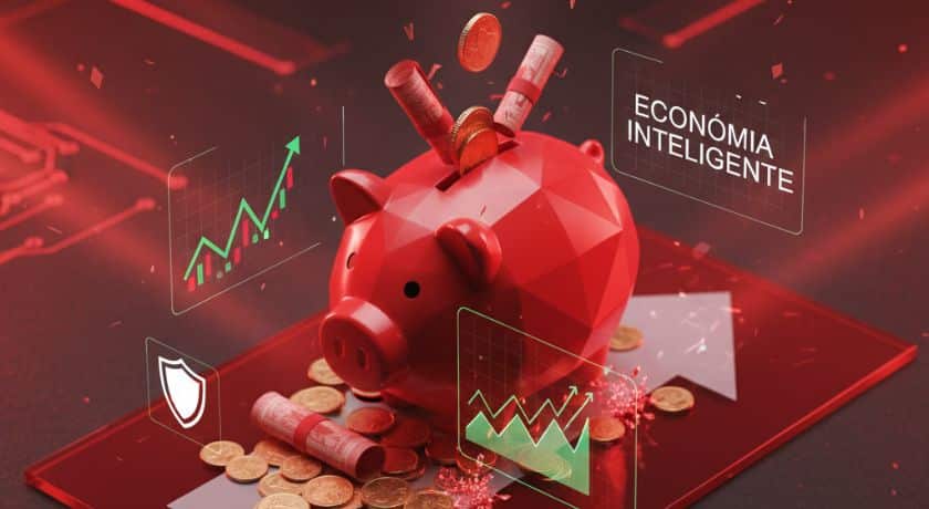 Um porquinho-cofre vermelho estilizado em estilo geométrico (low poly), posicionado sobre uma base tecnológica, em tons de vermelho